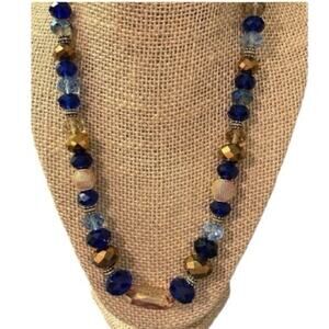 Vintage Glass Bead Cobalt Blue Gold Tone  21" Necklace